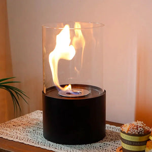 11.5inch tabletop fire bowl fireplace with clear glass cylinder and black base, gel/ethanol flame