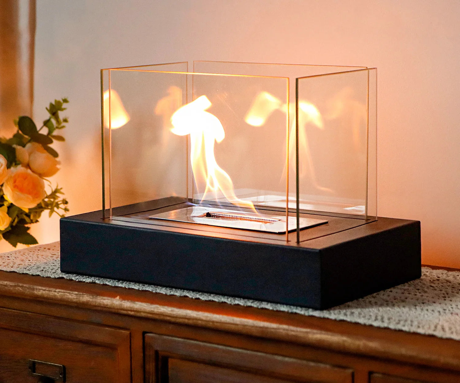 360° View Rectangular Tabletop Fire Bowl With Four-Sided Glass