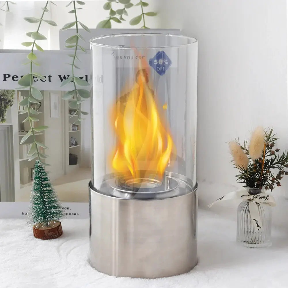 JHY DESIGN portable tabletop firepit, cylindrical glass with brushed stainless-steel base and visible flame