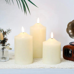 4/5/6 inch High 3D Flameless Candles set of 3, ivory wax with LED flames