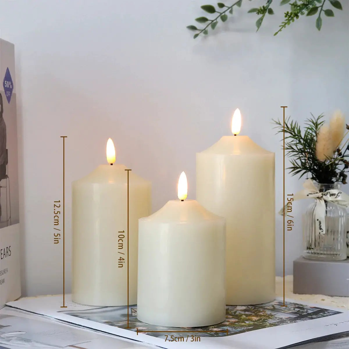 3D flameless candles set of 3 ivory pillar candles, 4/5/6-inch heights by JHY DESIGN