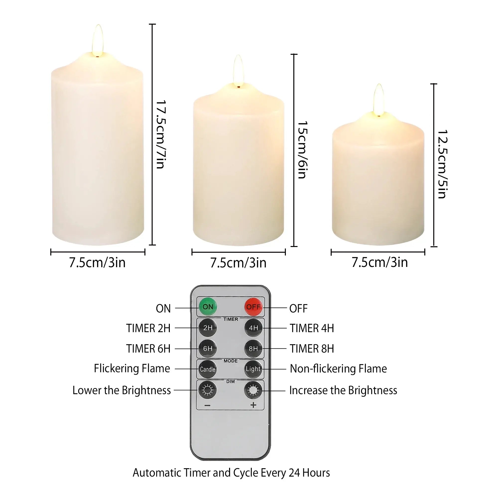 JHY DESIGN white 4/5/6-inch high 3D flameless candles; set of 3 with remote timer