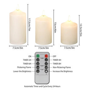 JHY DESIGN white 4/5/6-inch high 3D flameless candles; set of 3 with remote timer