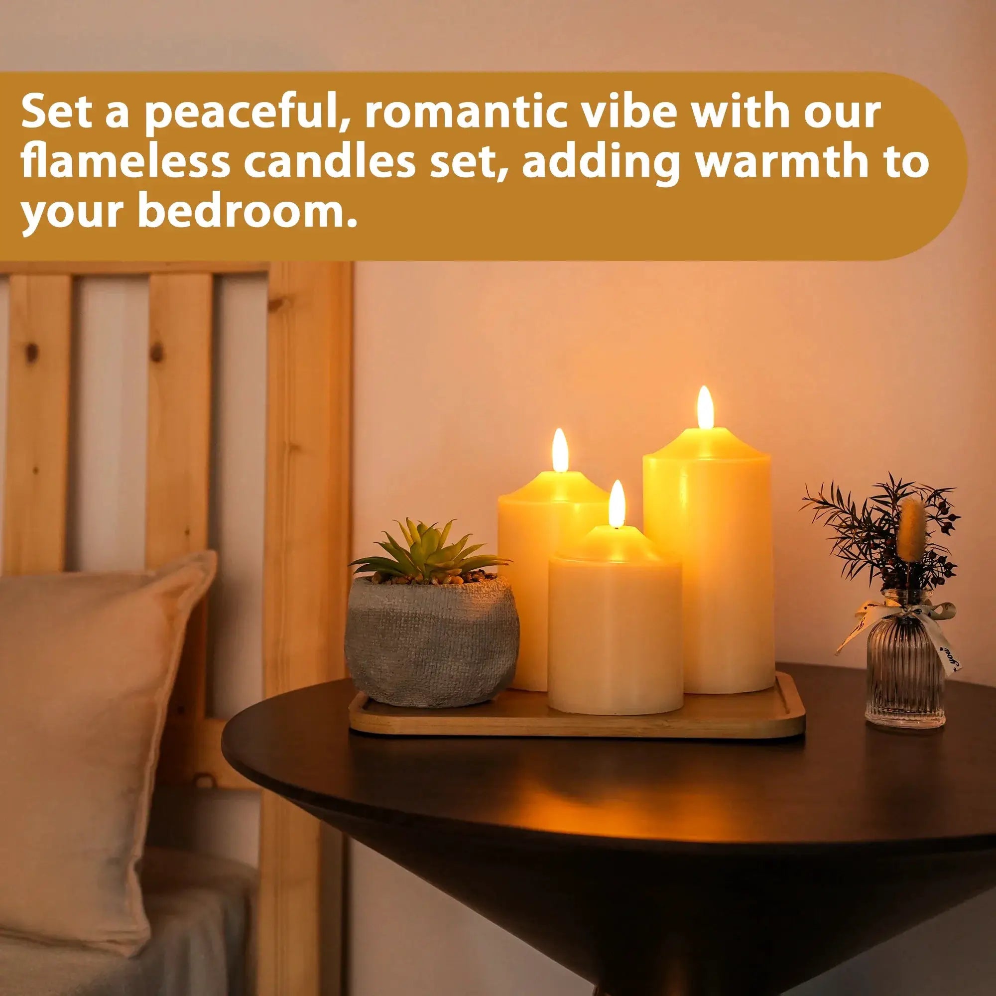 3D flameless candle set of 3 (4/5/6 in) on round wooden tray with succulent, warm glow