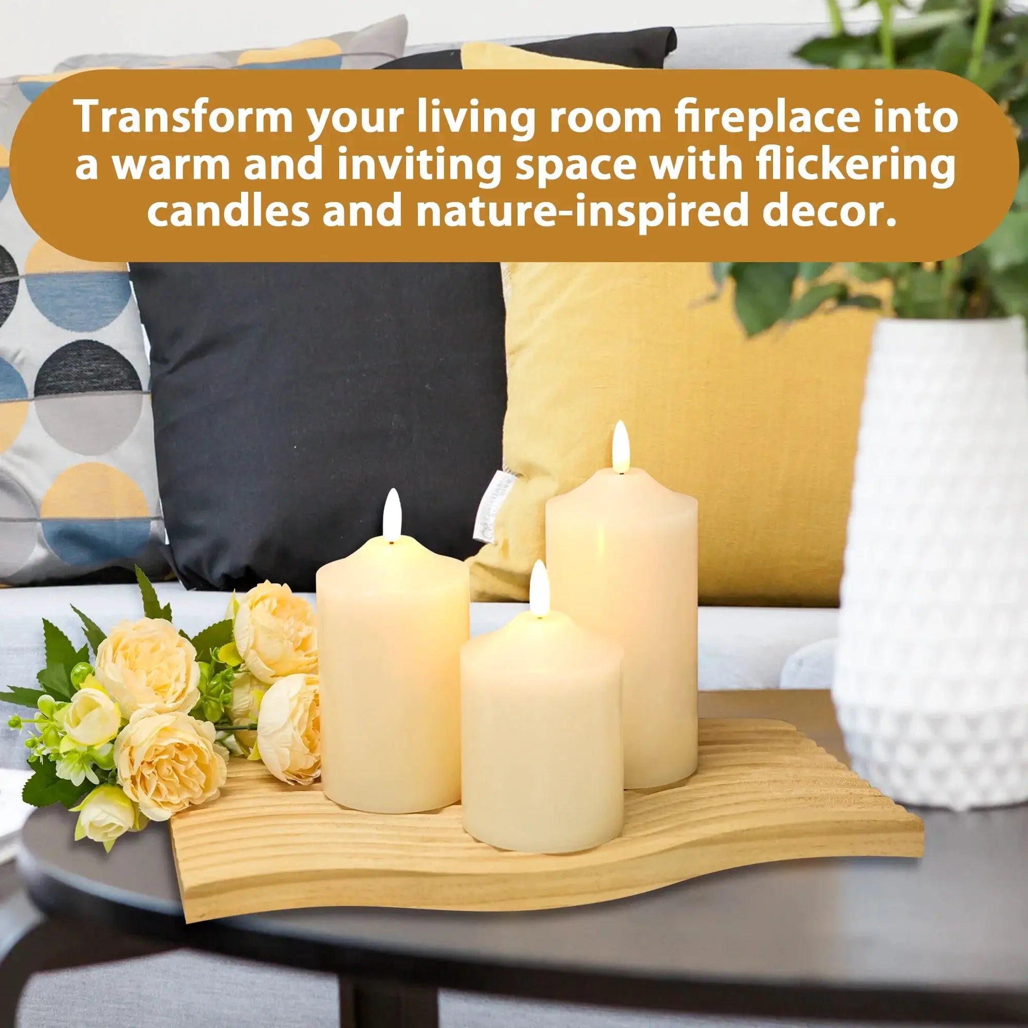 3D flameless pillar candles set of 3 (4/5/6 in) in cream on a wooden table with yellow roses.