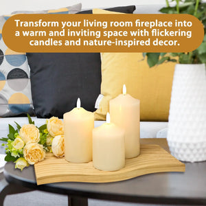 3D flameless pillar candles set of 3 (4/5/6 in) in cream on a wooden table with yellow roses.