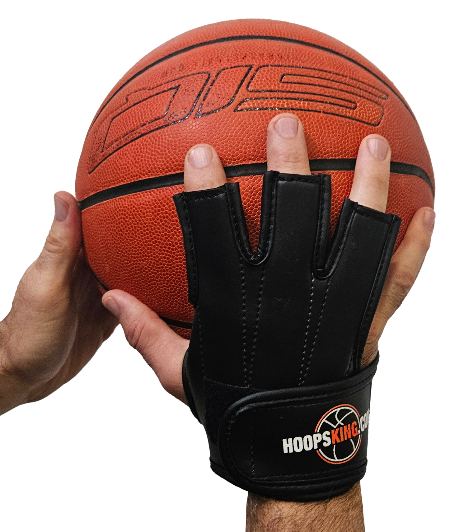 Perfect Jump Shot Glove by HoopsKing on a hand gripping an orange basketball; black basketball shooting glove