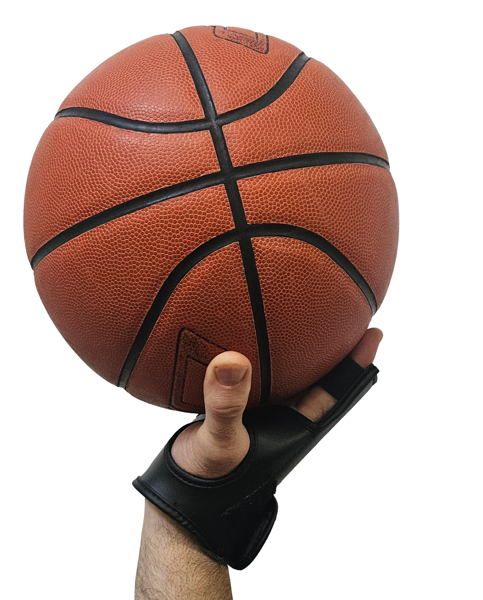 Perfect Jump Shot Glove basketball shooting glove; black with wrist strap, gripping an orange basketball.