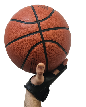 Perfect Jump Shot Glove basketball shooting glove; black with wrist strap, gripping an orange basketball.