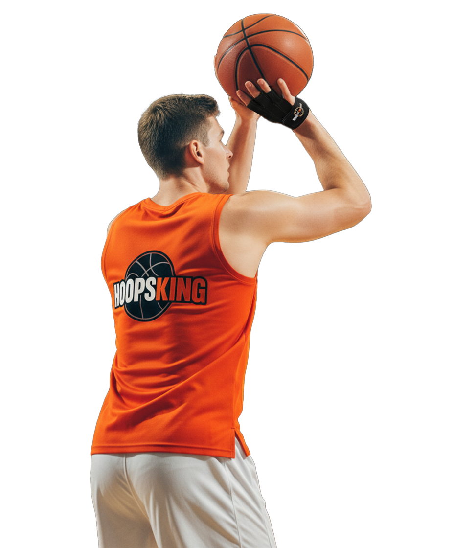 Perfect Jump Shot Glove basketball shooting glove by HoopsKing; black glove on a player wearing an orange HoopsKing jersey.