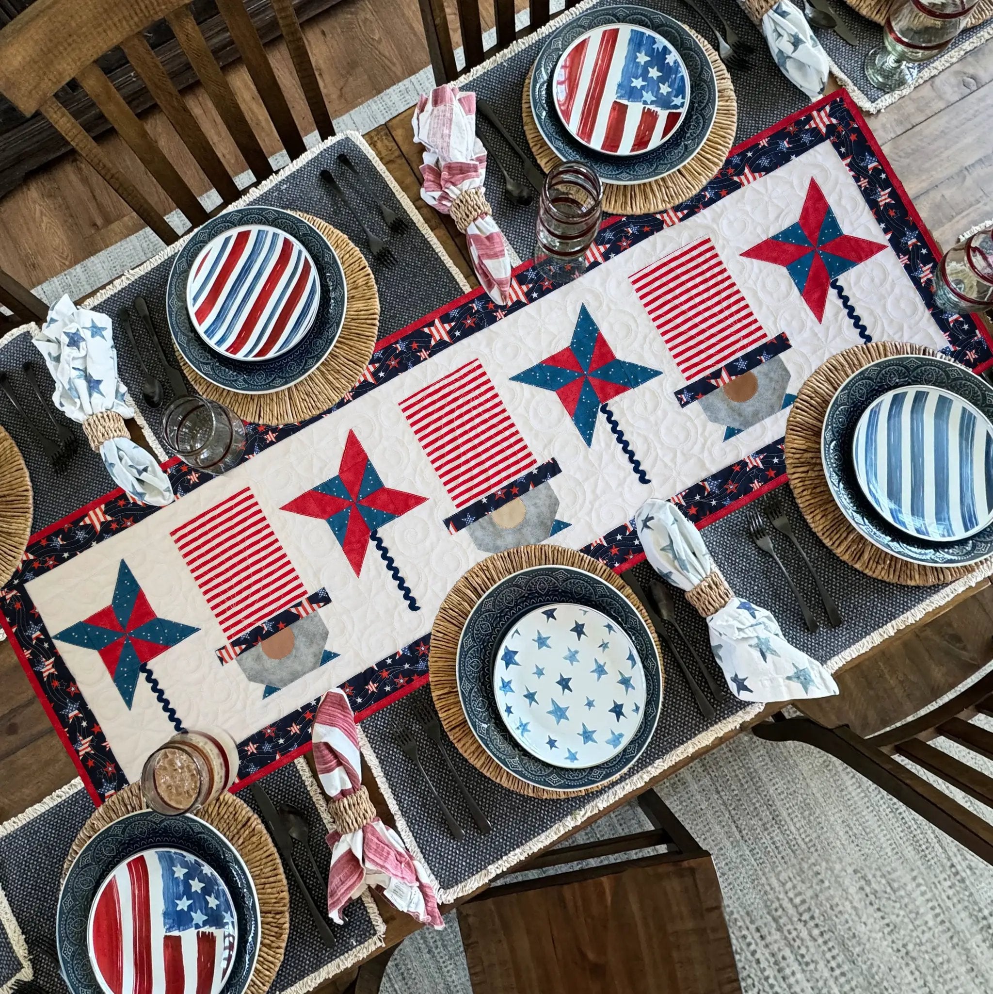 Patriotic Gnomes Quilted Table Runner Precut Quilt Kit by Block Party Quilt Co; red, white, and blue fabric