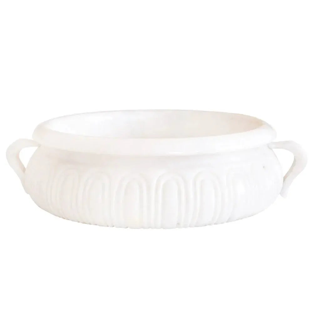 Calacatta white marble vessel sink with saucepan shape and side handles, 17" diameter x 6" high