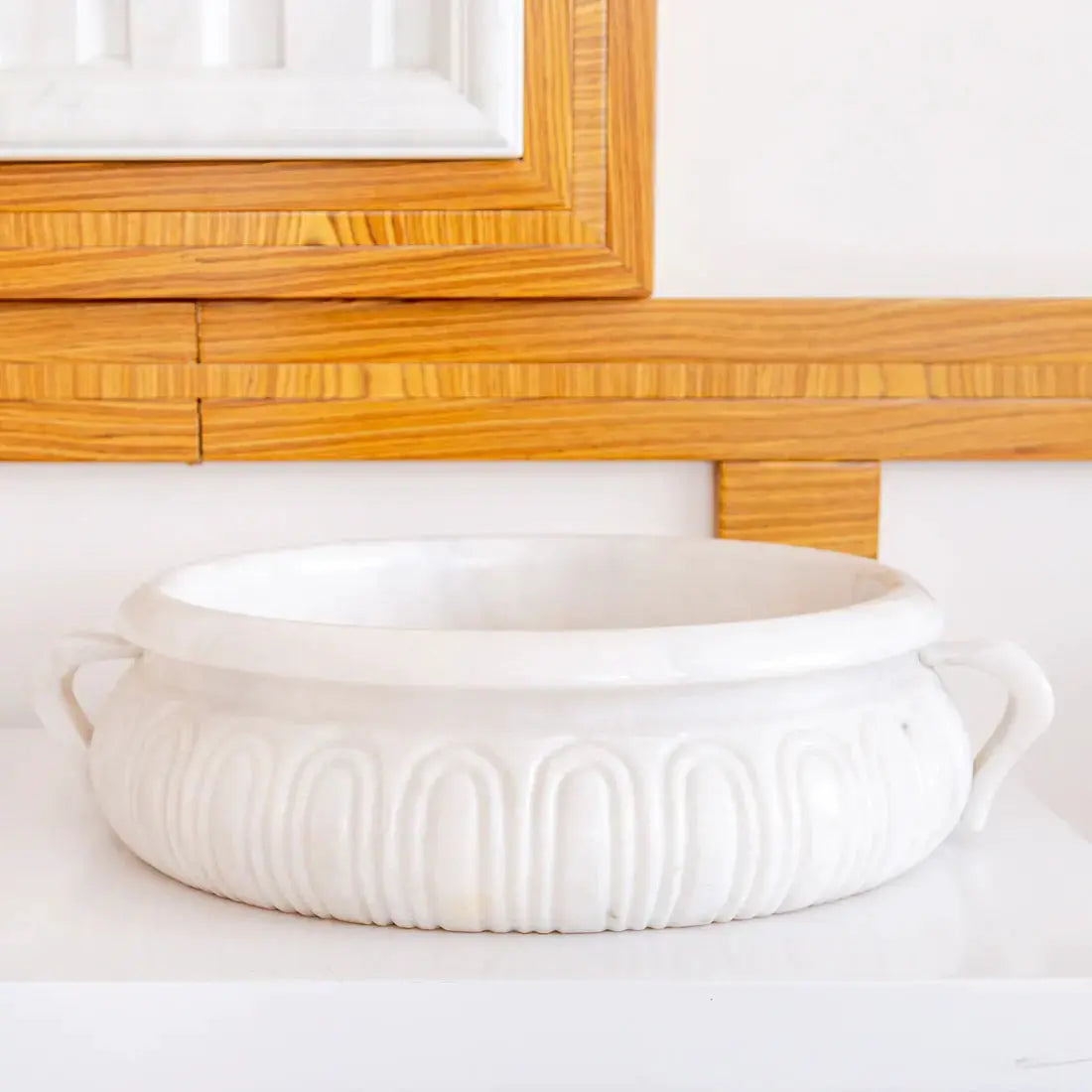 Calacatta white marble vessel sink, saucepan-shaped basin for bathroom vanity, 17in diameter x 6in high