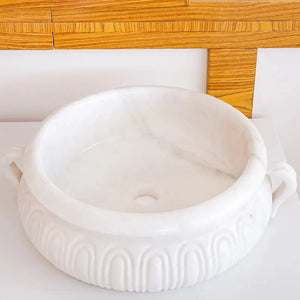 Calacatta white marble vessel bathroom sink, round basin with ribbed exterior