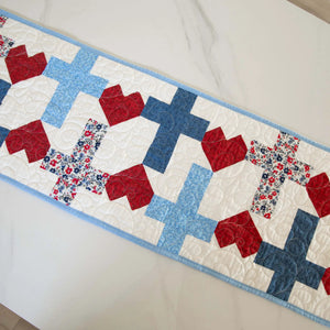 Quilt kit God Bless America Crosses and Hearts Table Runner in red white blue floral patchwork by Block Party Quilt Co