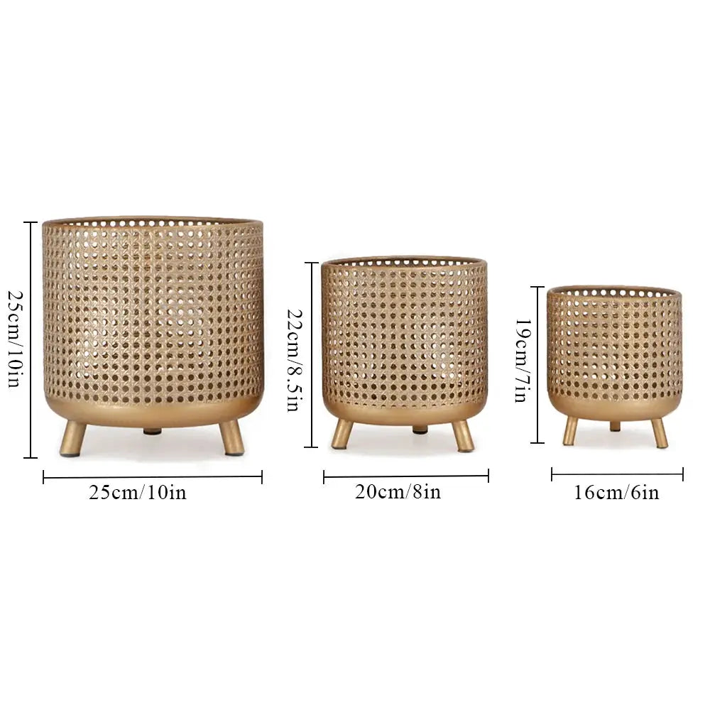 Set of 3 antique gold metal plant pots with perforated lattice and short legs
