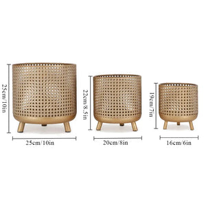 Set of 3 antique gold metal plant pots with perforated lattice and short legs