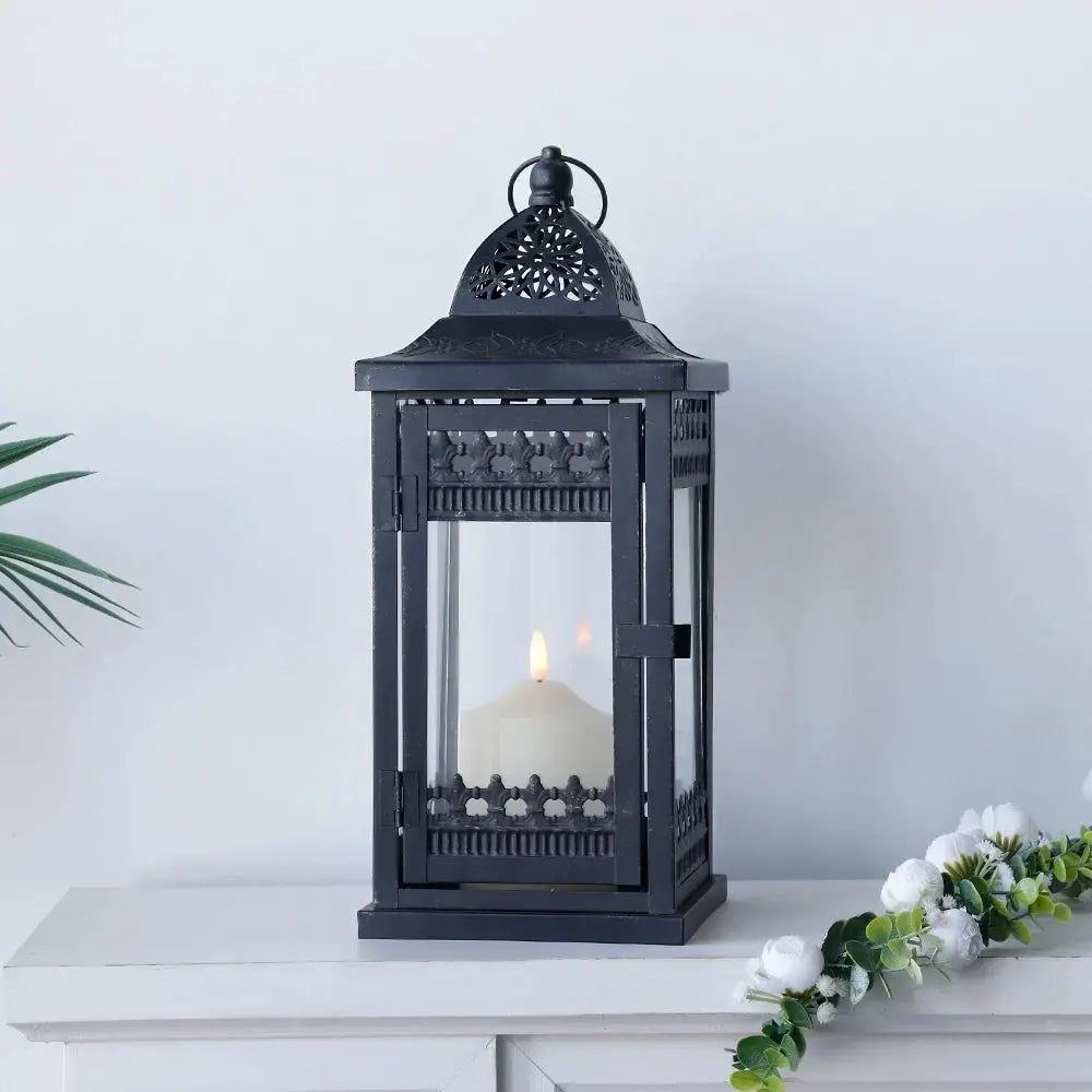 14.5in high vintage hanging lantern, black with gold brush metal, decorative candle lantern by JHY DESIGN.