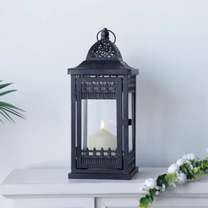 14.5in high vintage hanging lantern, black with gold brush metal, decorative candle lantern by JHY DESIGN.