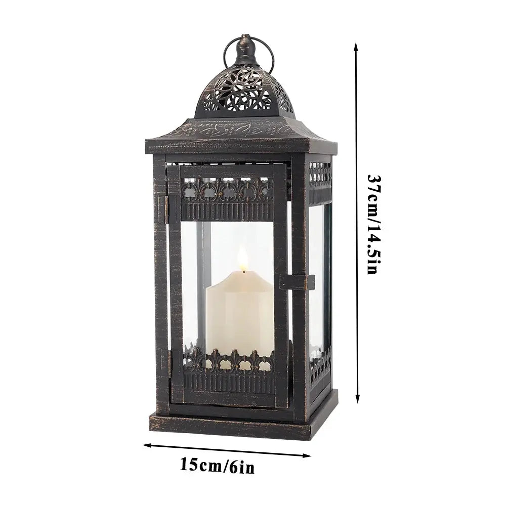 Vintage hanging lantern, 14.5-inch tall, black with gold brush finish, decorative candle lantern.