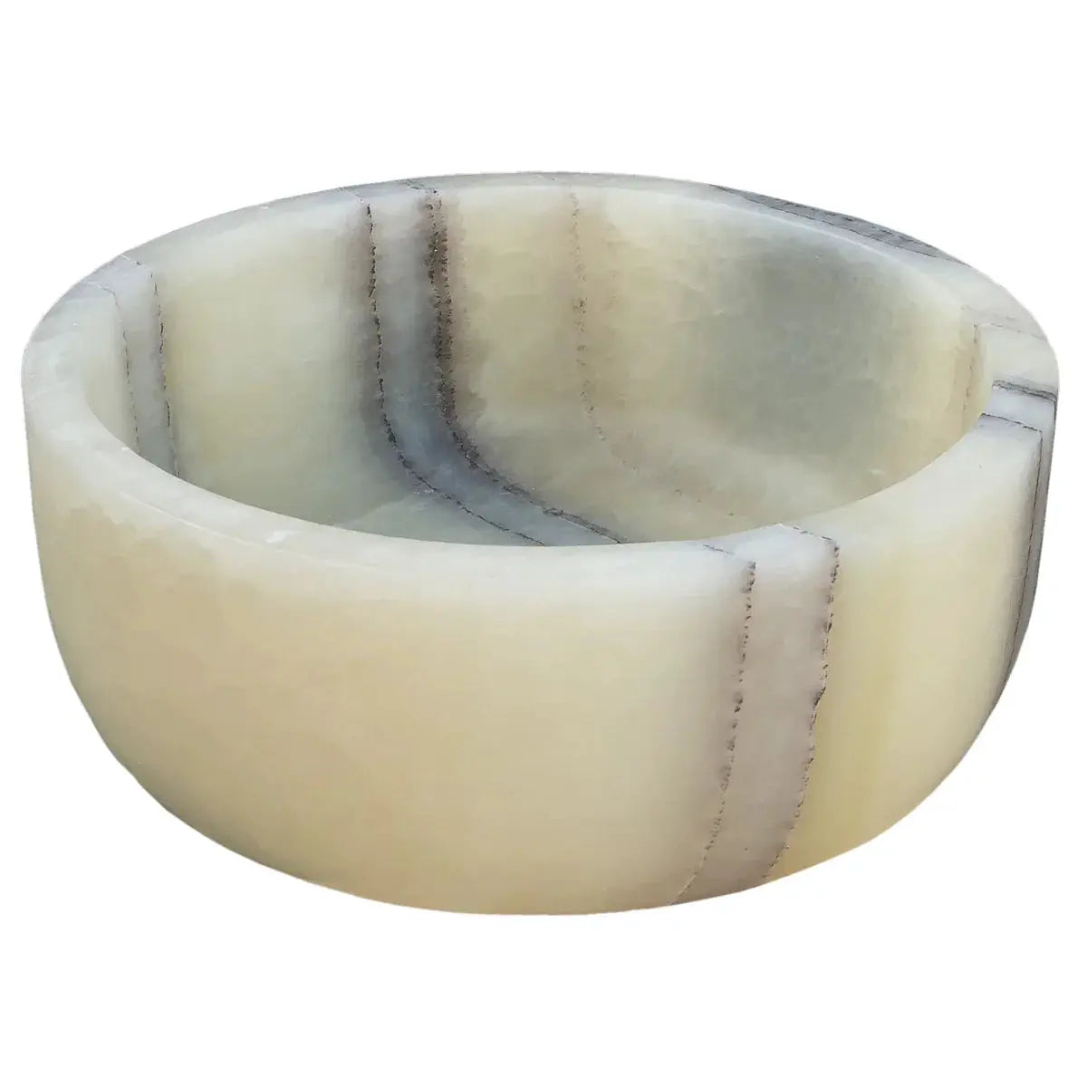Green translucent onyx bathroom vessel sink by Villohome, round above-vanity stone basin