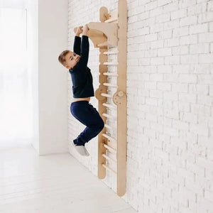 Gym addition to climbing ladders, wooden wall-mounted ladder accessory with white rungs for baby activity toy.