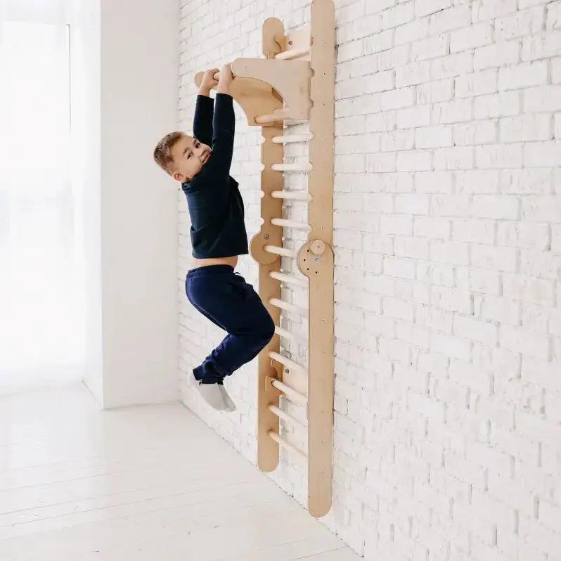 Gym addition to climbing ladders, wooden wall-mounted ladder accessory with white rungs for baby activity toy.