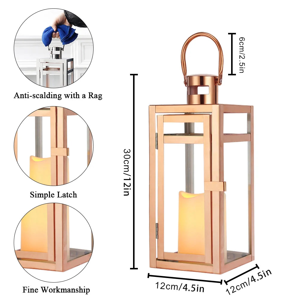 12-inch tall rose gold metal decorative candle lantern by JHY DESIGN with glass panels and hanging handle.