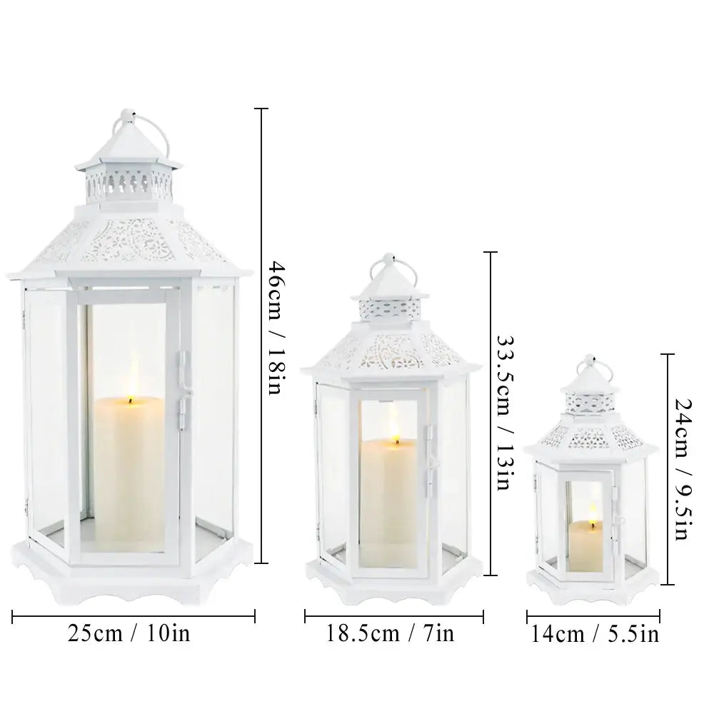 Set of 3 white hexagonal decorative hanging lanterns in 18in, 13in, and 9.5in heights by JHY DESIGN.