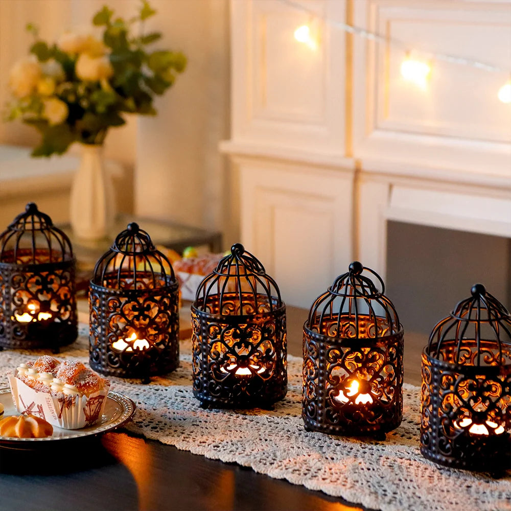 Set of 6 5.5" H Hanging Birdcage Tealight Lantern (Black)