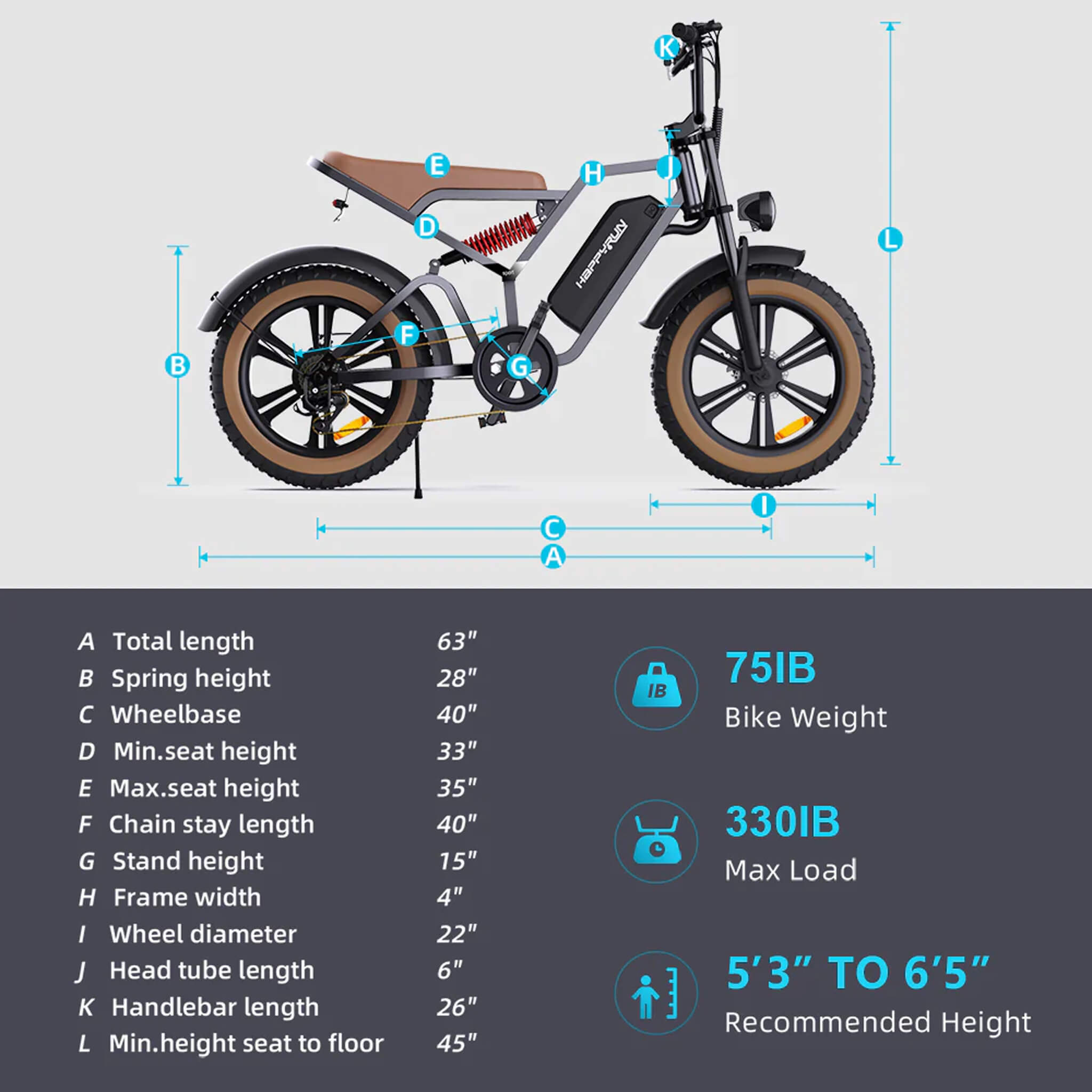 HappyRun Tank G60 Electric Off-Road Fat Tire Moped Bike (SAK48732)