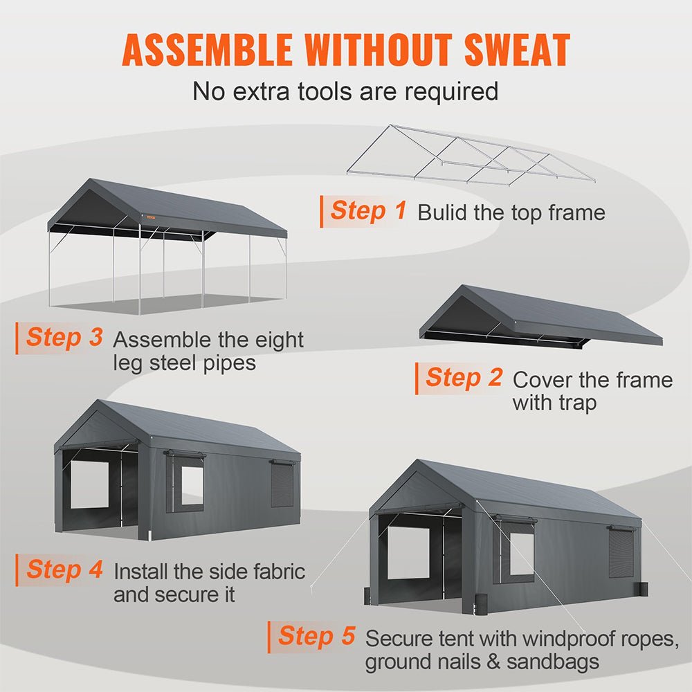 [12x20FT] Heavy Duty Outdoor Premium Garage Tarp Canopy Shelter W/ Removable Sidewalls (SAK94615)
