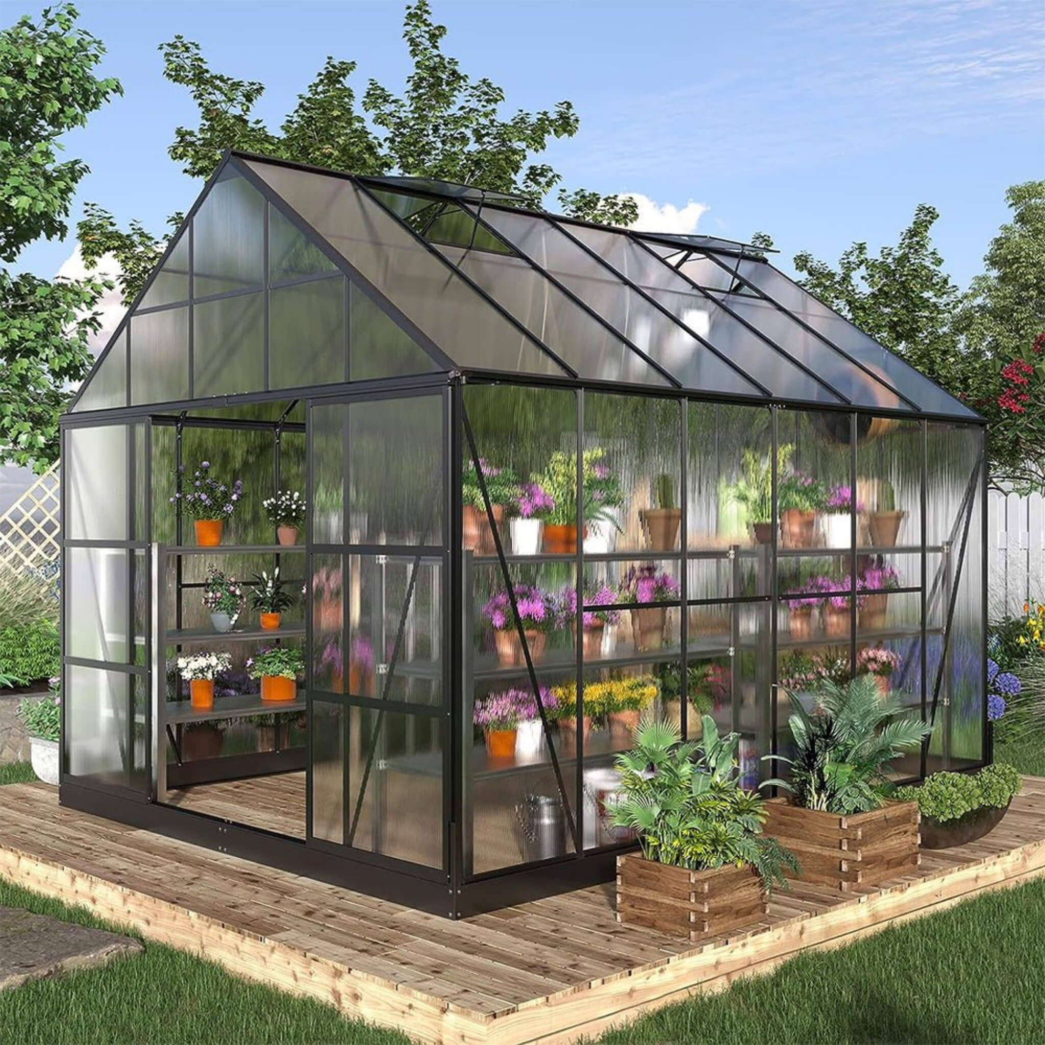 [10x12FT] Heavy Duty Outdoor Walk-In Polycarbonate Patio Greenhouse With Sliding Doors & Vents (SAK92846)