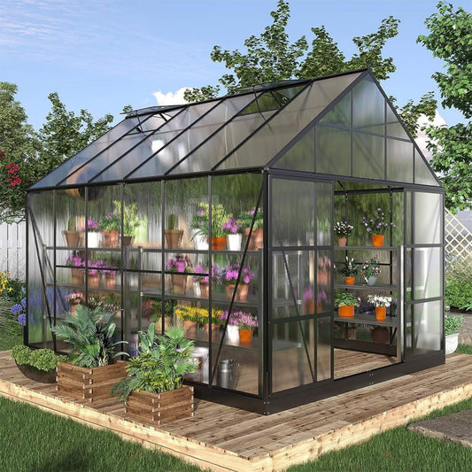 [10x12FT] Heavy Duty Outdoor Walk-In Polycarbonate Patio Greenhouse With Sliding Doors & Vents (SAK92846)