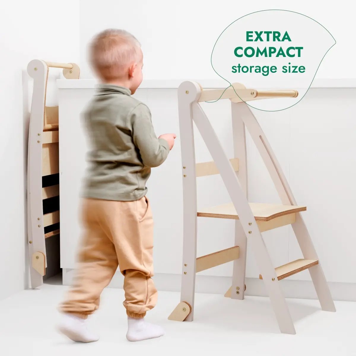 Helper Tower toddler foldable step stool in white with natural wood steps
