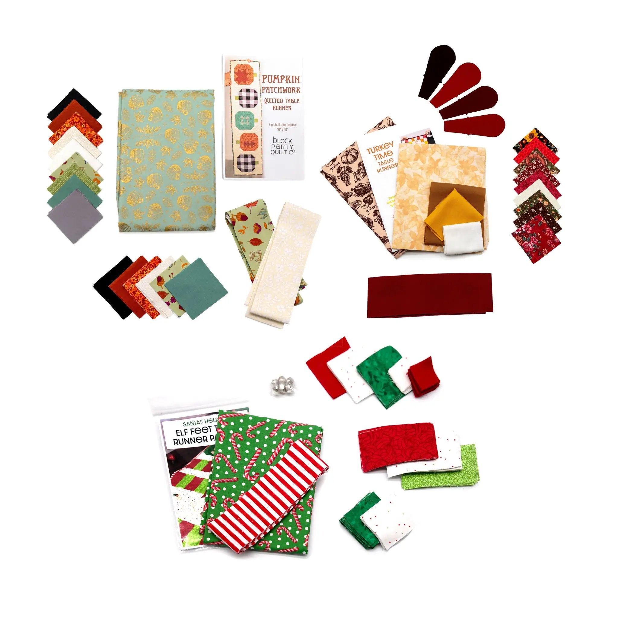 Holiday Quilted Table Runner Kit Bundle by Block Party Quilt Co; assorted Christmas fabrics and pattern book