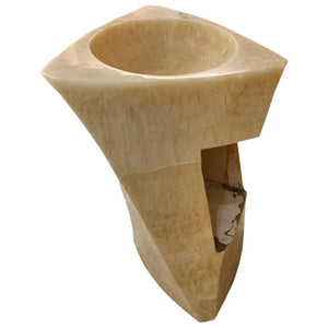 Honey Onyx pedestal sink by Villohome; beige stone stand-alone bathroom sink