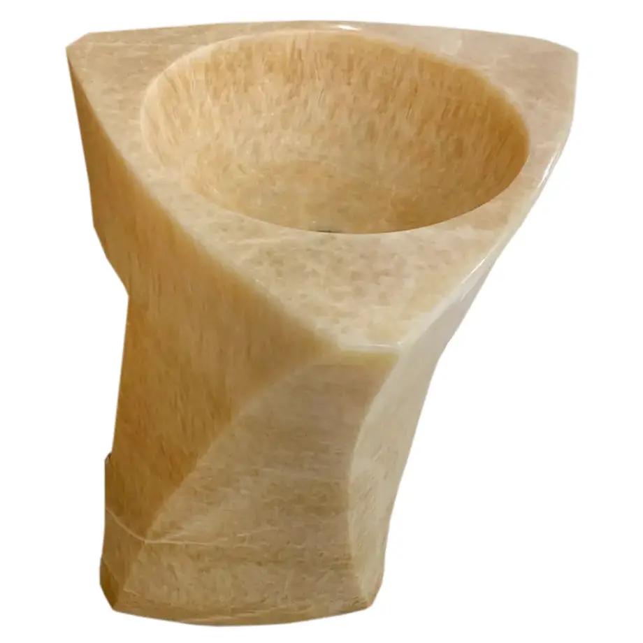 Honey Onyx Designer Pedestal Sink; beige stone stand-alone bathroom basin.