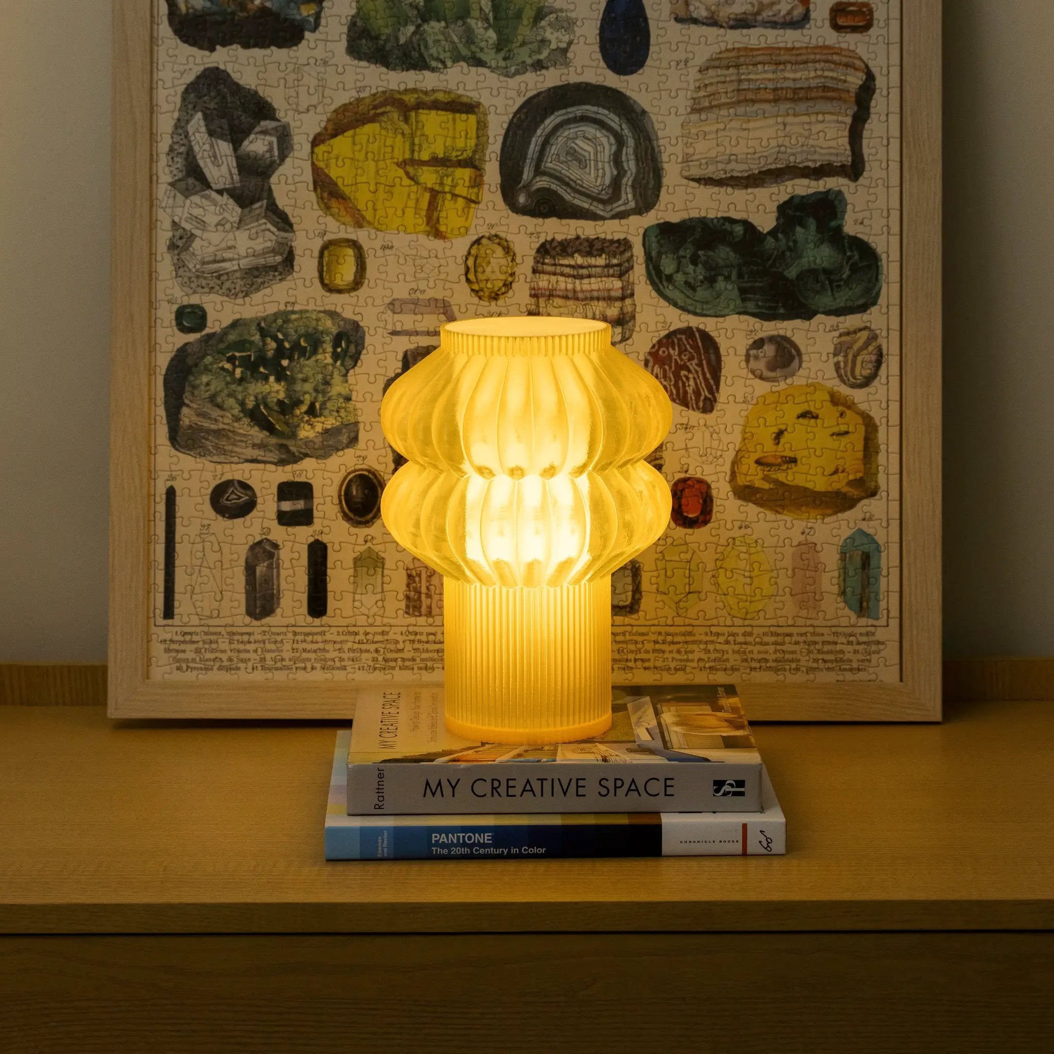 Oppi Table Lamp by Terra Labs, yellow ribbed glass shade with warm glow