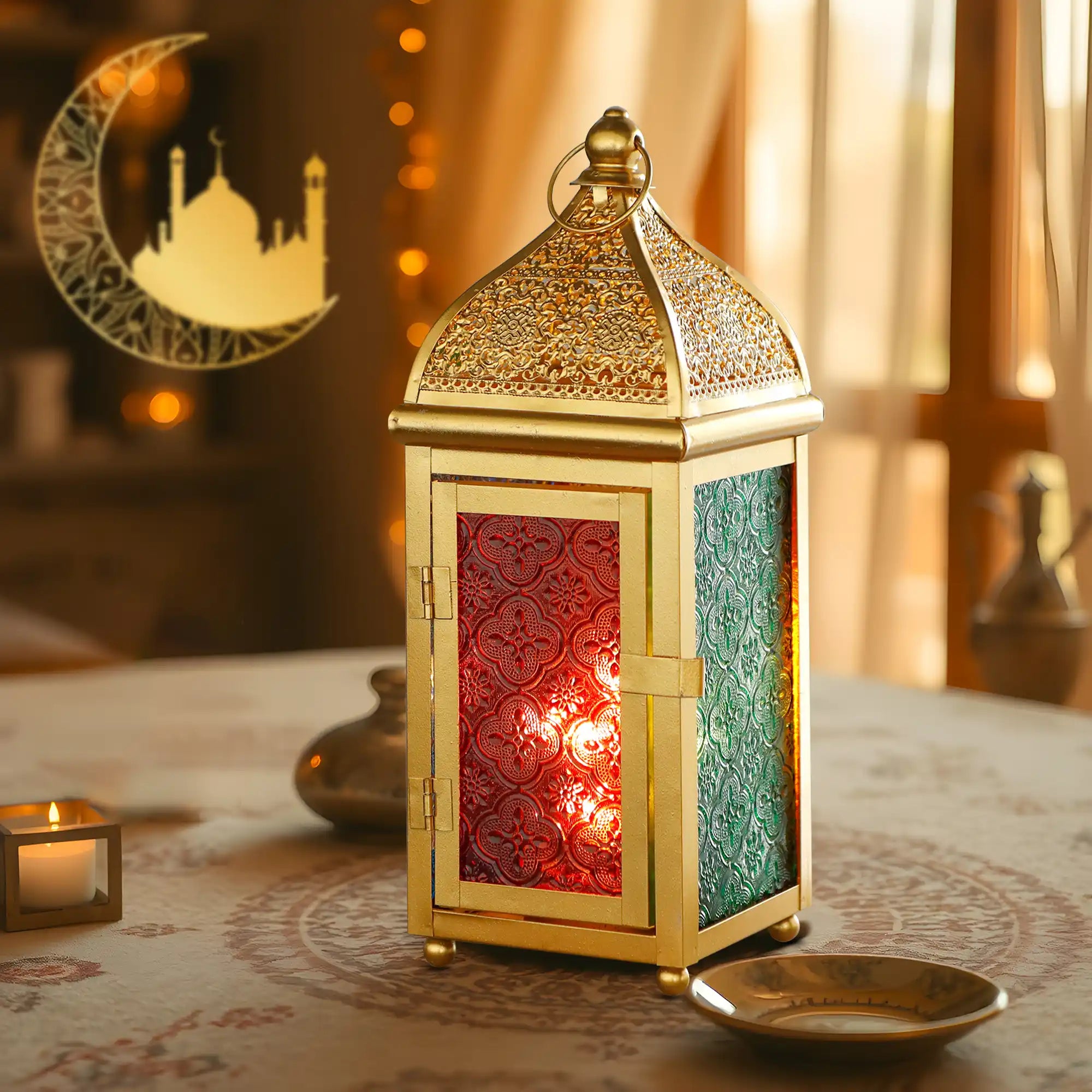 12'' Gold Moroccan Candle Lantern by JHY DESIGN with gold metal frame and red and green glass panels
