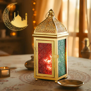12'' Gold Moroccan Candle Lantern by JHY DESIGN with gold metal frame and red and green glass panels