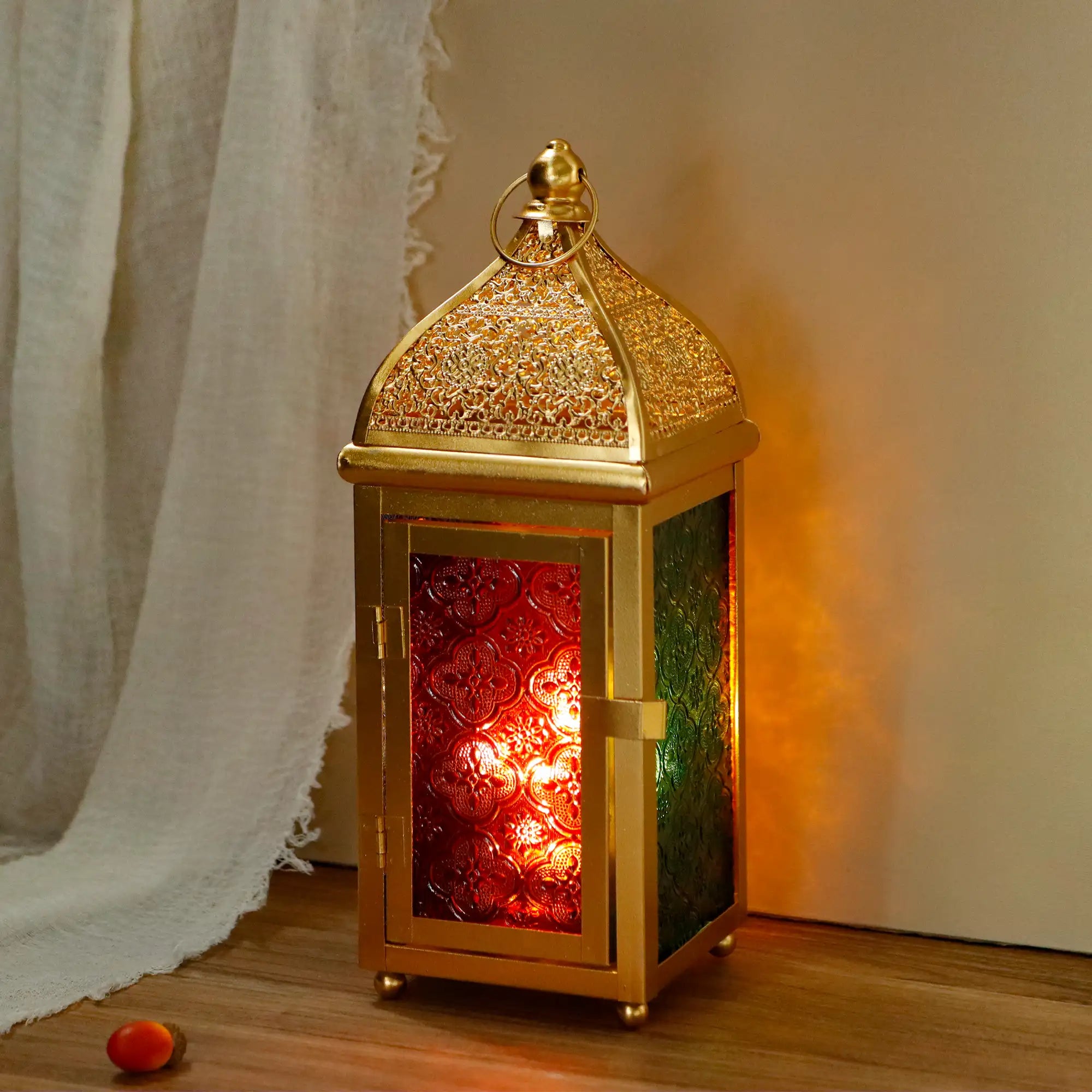 12'' gold Moroccan candle lantern with red and green glass panels, by JHY DESIGN