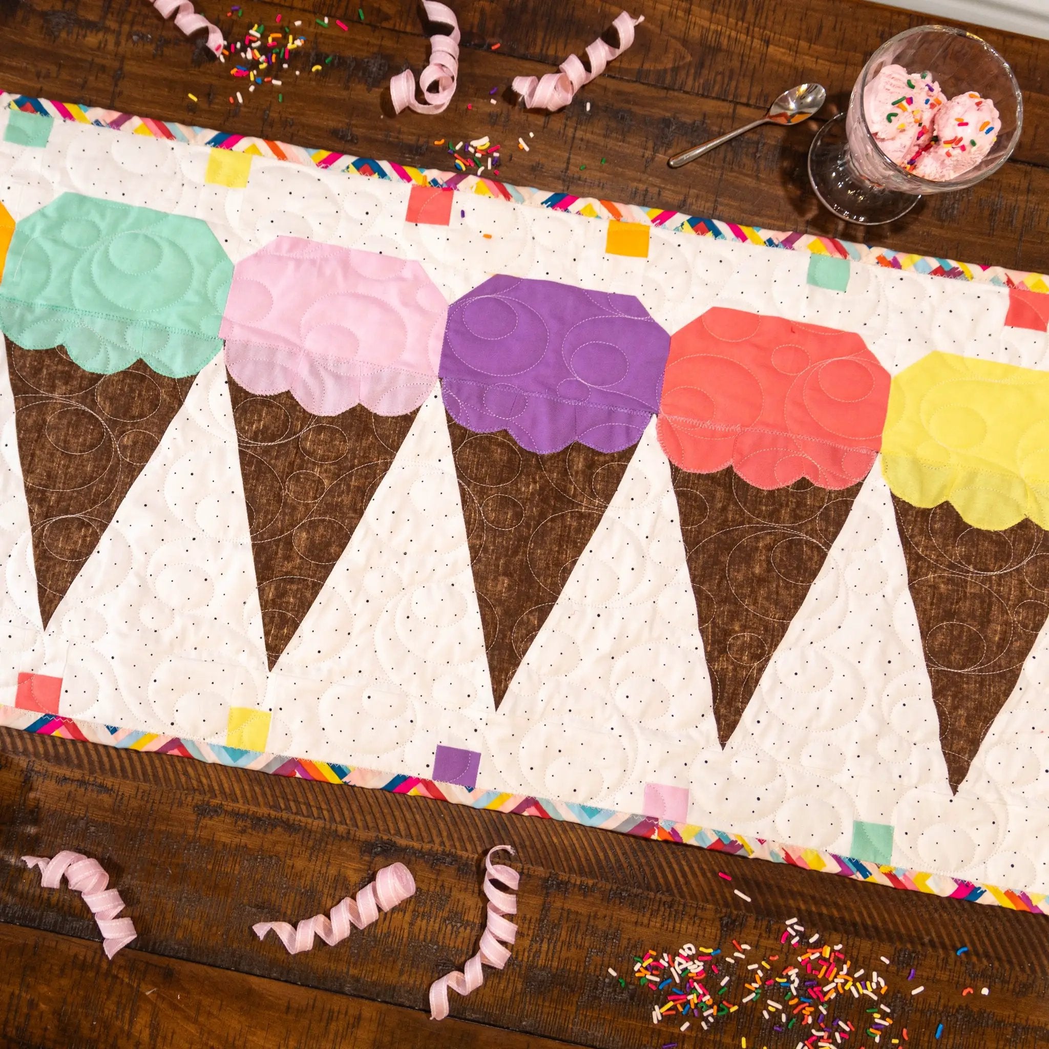 Ice Cream Cones Table Runner Quilt Kit featuring pastel ice-cream scoops pattern by Block Party Quilt Co