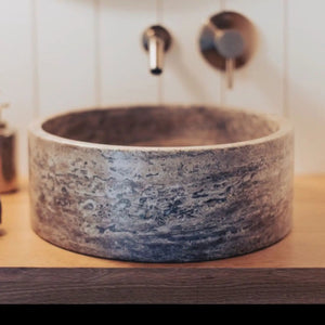Stone sink Villohome silver travertine above-vanity basin, round, polished finish, 16in diameter