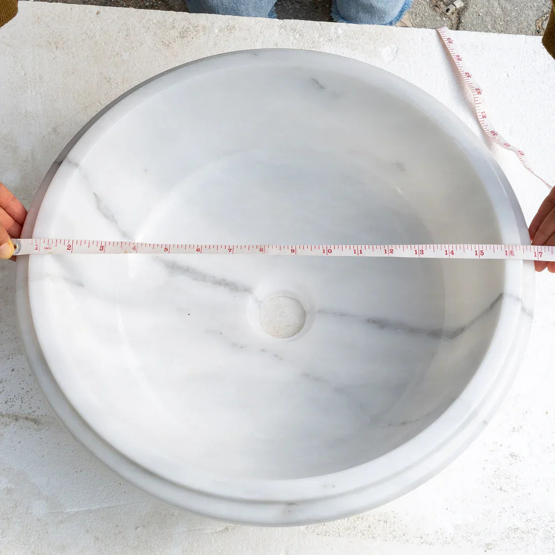 Carrara white marble round vanity sink by Villohome, 17-inch diameter, drop-in/above-counter