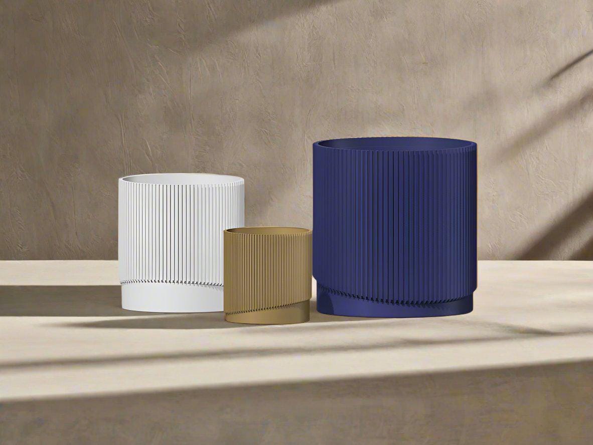 Mid-Century Ribbed Planter with Drainage and Saucer in Multiple Colors, 3D Printed Planter with Unique Modern Design, Lightweight, Wave