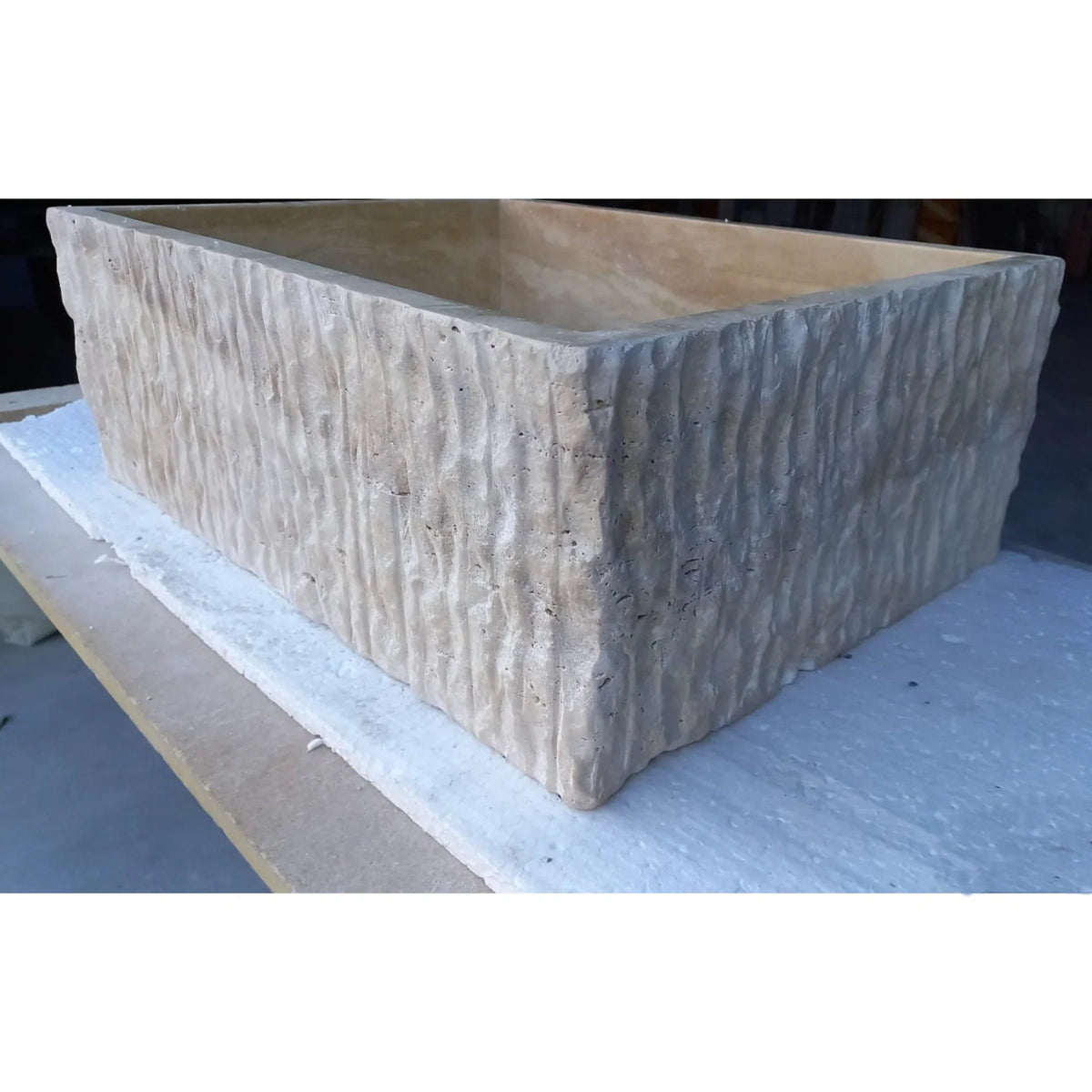 Travertine rectangular sink by Villohome for above-counter vanity, natural beige stone, 23x18x8 inches