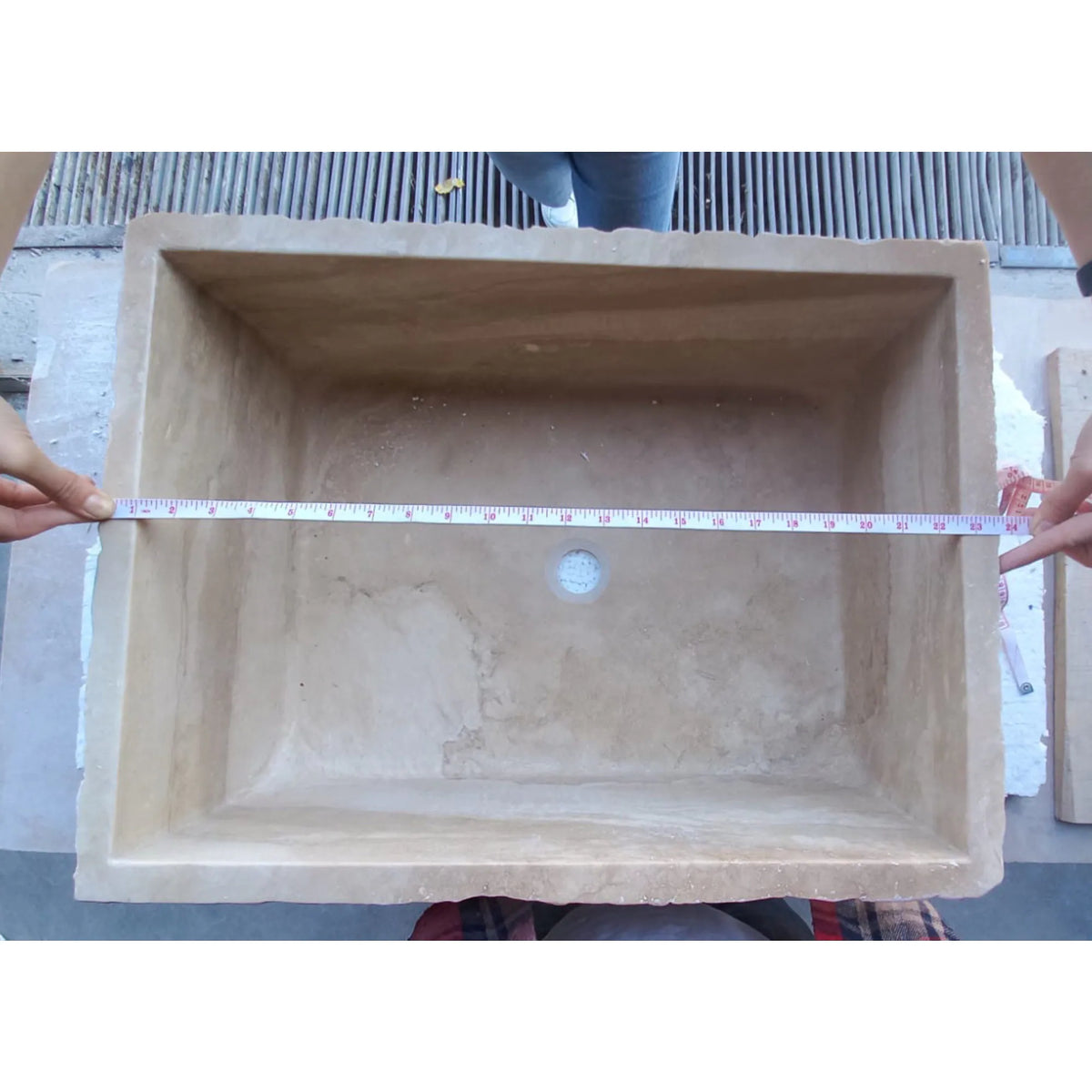 Travertine rectangular bathroom sink by Villohome for above-vanity, beige stone, 23x18x8 inches