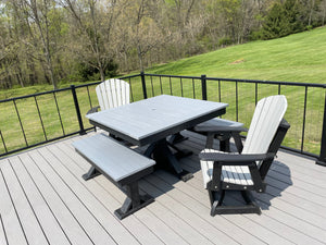 Trestle X Outdoor Square Dining Table, gray top with black trestle base on a deck