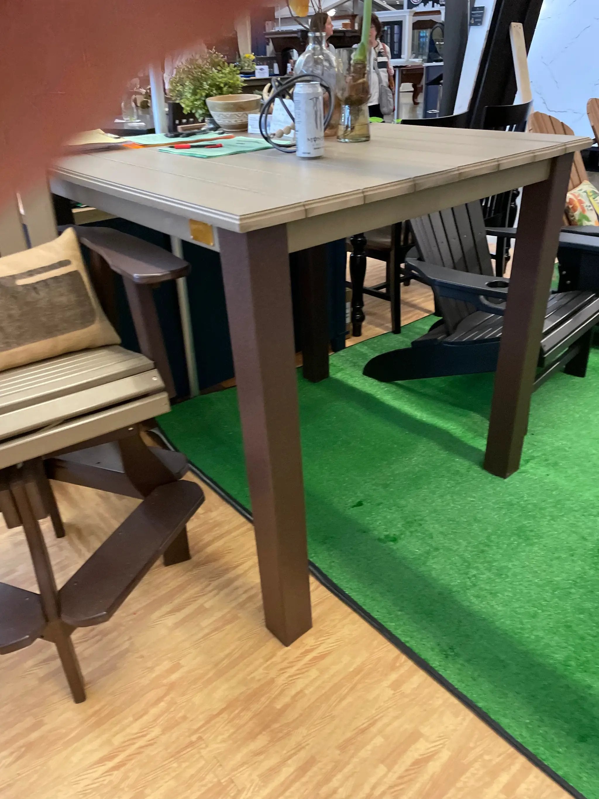Post Leg Outdoor Counter Height Table with gray top and brown legs, Wooden Whale Workshop